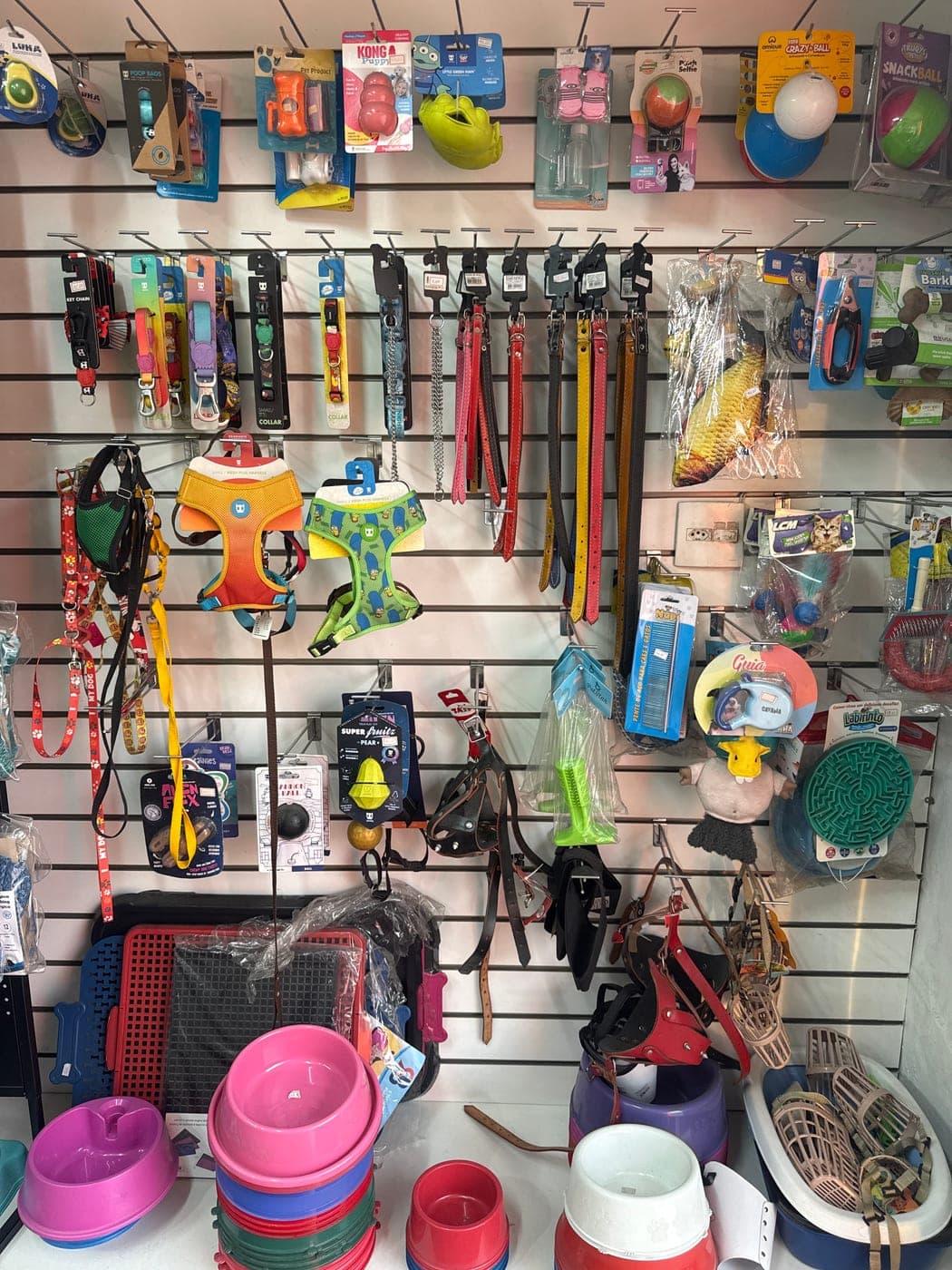 Parede de acessórios, brinquedos e tigelas do petshop da Animal Care
